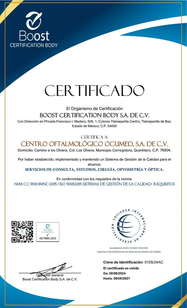 Certificado ISO 9001 otorgado a Ocumed por calidad en servicios visuales en Queretaro.