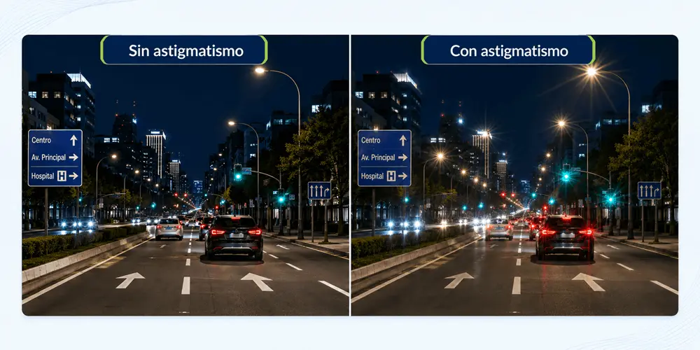 Comparación visual de cómo se ve una calle de noche con y sin astigmatismo