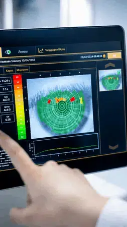 Pantalla con estudio de topografia corneal utilizado para evaluar la relacion entre astigmatismo y queratocono mediante analisis detallado de la superficie corneal