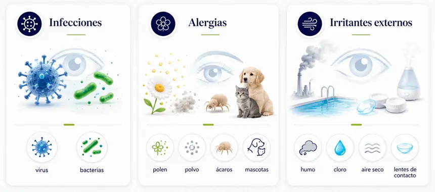 causas_de_la_conjuntivitis_infecciones_alergias_irritantes_ocumed_queretaro_650x287 Infografía que muestra las principales causas de la conjuntivitis: infecciones, alergias e irritantes externos.