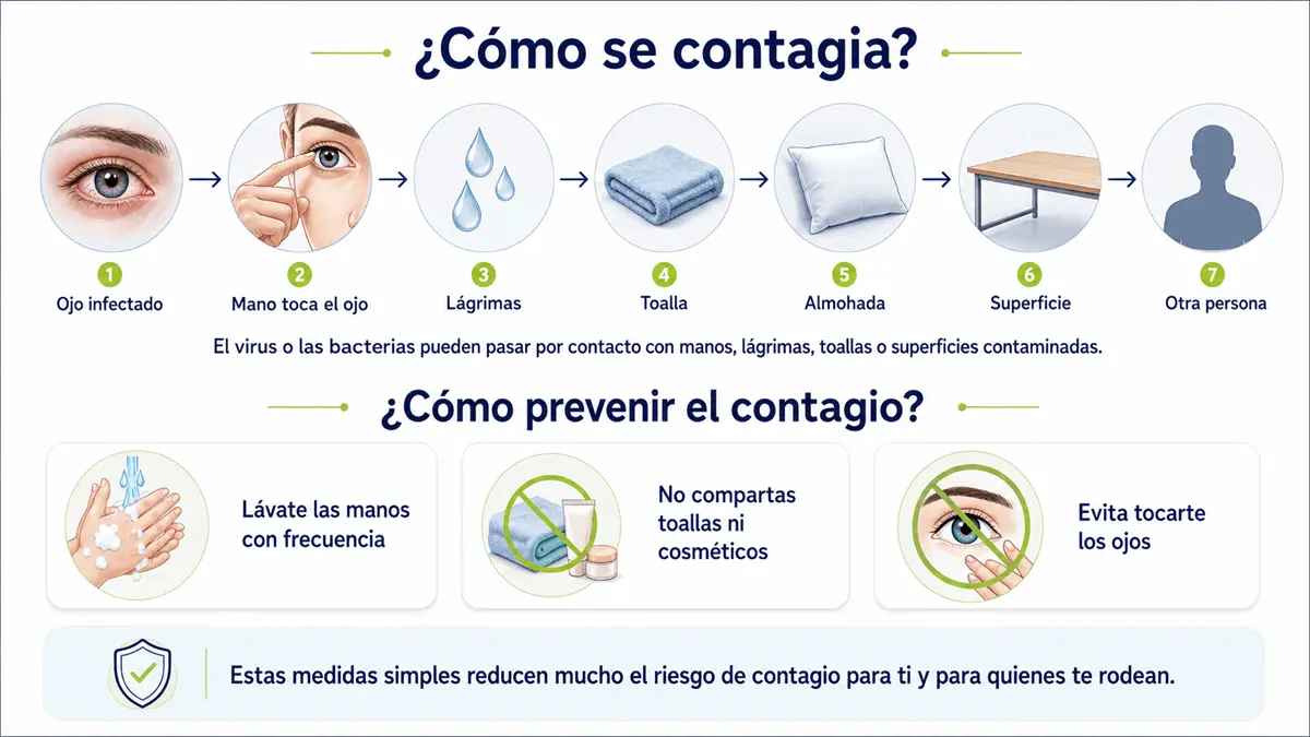 Infografia que explica como se contagia la conjuntivitis mediante contacto con manos, lagrimas y superficies contaminadas, asi como las principales medidas para prevenir su propagacion.