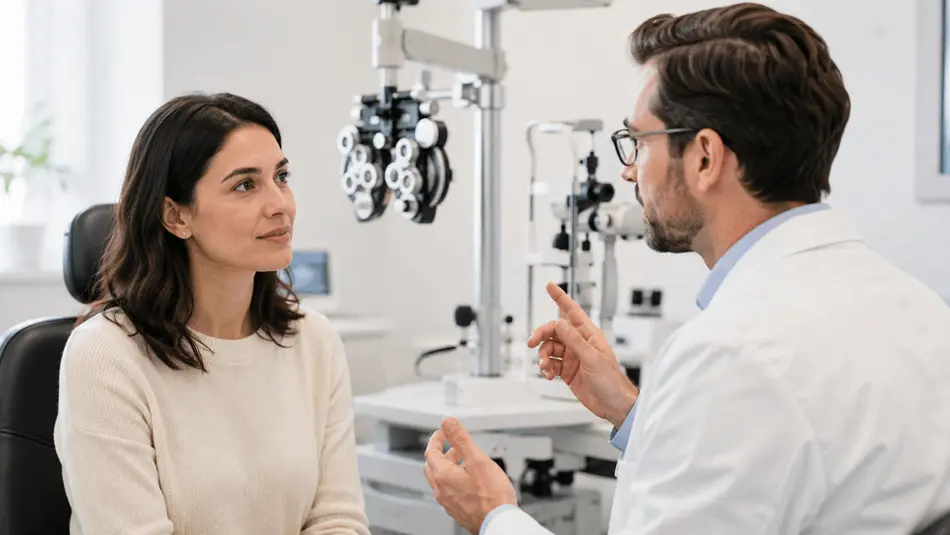 consulta_oftalmologica_personalizada_ocumed_queretaro_650x366 Oftalmólogo explicando el diagnóstico y tratamiento a una paciente durante una consulta oftalmológica en Querétaro.