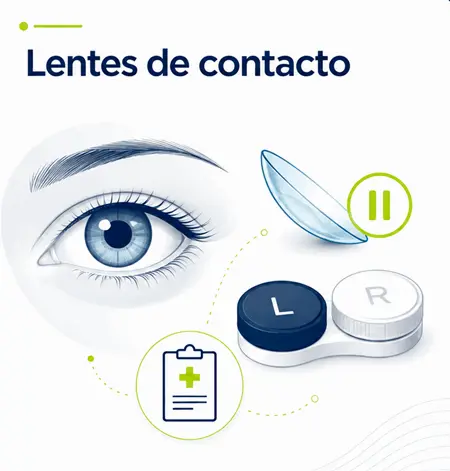 Ilustración de un lente de contacto con estuche y representación del ojo humano utilizada para explicar la adaptación de lentes de contacto.