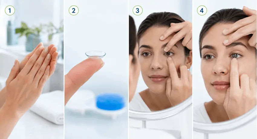 como_poner_lentes_de_contacto_ocumed_queretaro_pasos_650x352 Secuencia en cuatro pasos que muestra la preparación y colocación de un lente de contacto sobre el ojo.