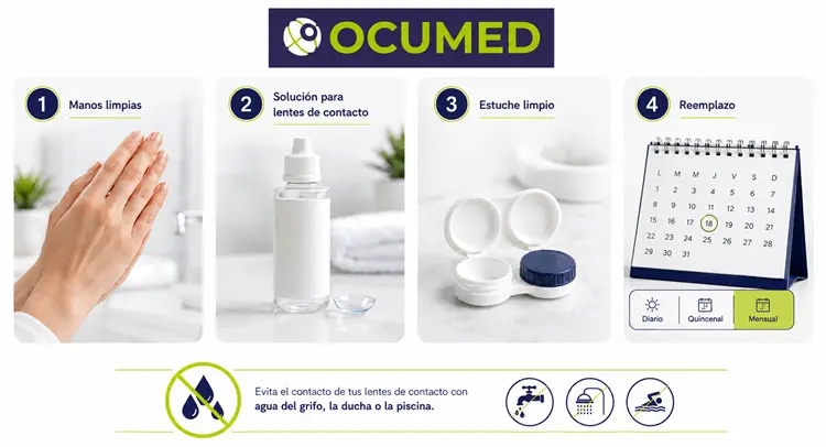 cuidados_lentes_de_contacto_ocumed_queretaro_higiene_reemplazo_550x298 Infografía de Ocumed con recomendaciones para cuidar lentes de contacto: manos limpias, solución adecuada, estuche limpio, reemplazo periódico y evitar el contacto con agua.