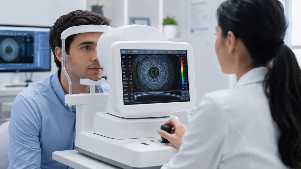 evaluacion_miopia_examen_oftalmologico_ocumed_queretaro_1000x563 Paciente durante una evaluación oftalmológica con equipo de diagnóstico ocular, en el contexto de revisión de Miopía.