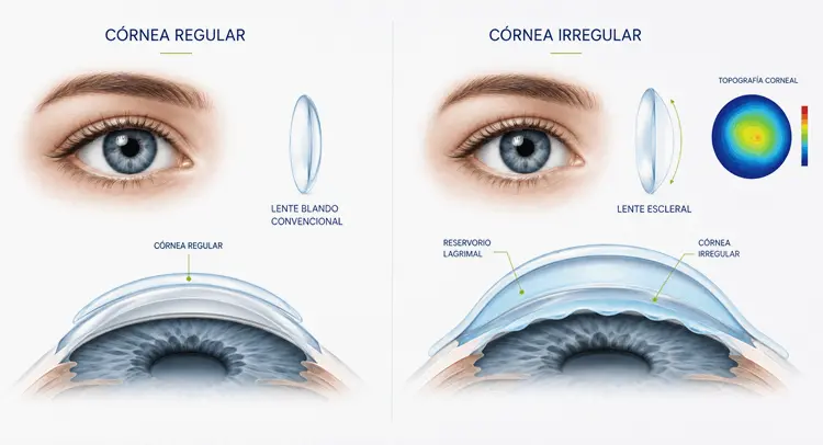 lentes_esclerales_cornea_irregular_ocumed_queretaro_comparativa_550x298 Infografía comparativa de córnea regular con lente blando y córnea irregular con lente escleral, reservorio lagrimal y topografía corneal.