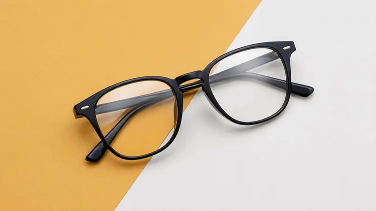 lentes_para_miopia_correccion_optica_ocumed_queretaro_750x422 Lentes oftálmicos de armazón negro sobre fondo amarillo y blanco, imagen representativa de lentes para Miopía y corrección óptica.