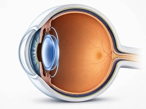 miopia_anatomia_ojo_retina_cristalino_ocumed_queretaro_600x450 Ilustración anatómica en corte transversal del ojo humano que muestra córnea, iris, cristalino, retina y nervio óptico, en contexto educativo sobre Miopía.
