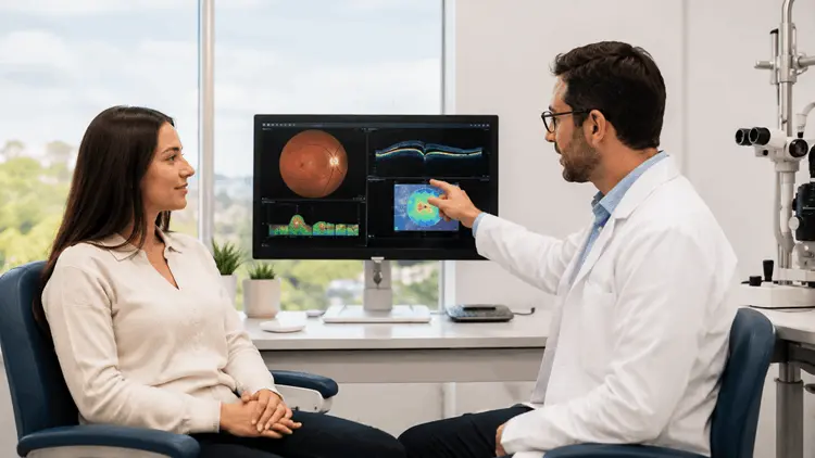 miopia_evaluacion_diagnostico_examen_oftalmologico_ocumed_queretaro_550x310 Oftalmólogo explica a una paciente los resultados de un examen ocular durante una evaluación de Miopía en consulta oftalmológica.