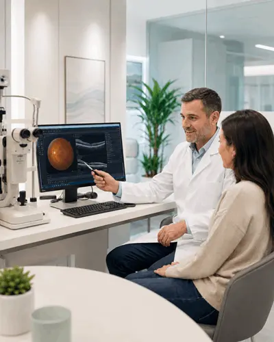 miopia_evaluacion_seguimiento_oftalmologico_ocumed_queretaro_400x500 Profesional de salud visual muestra estudios oculares en un monitor a una paciente durante una consulta oftalmológica de evaluación y seguimiento.