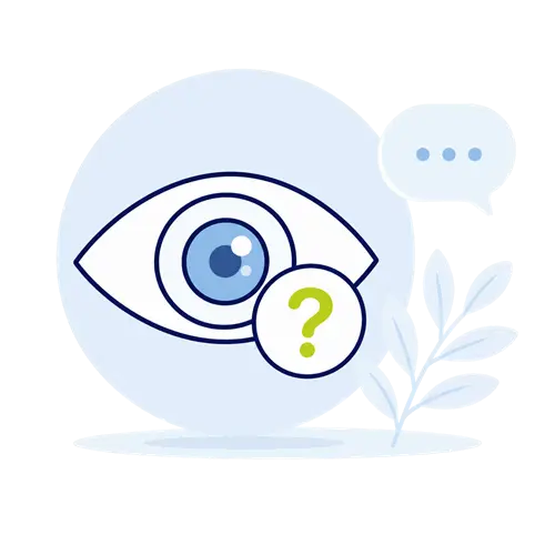 tratamiento_chalazion_dudas_consulta_ocumed_queretaro_500X500 Ilustración de un ojo con signo de interrogación y globo de diálogo que representa dudas frecuentes sobre el chalazión y su tratamiento.