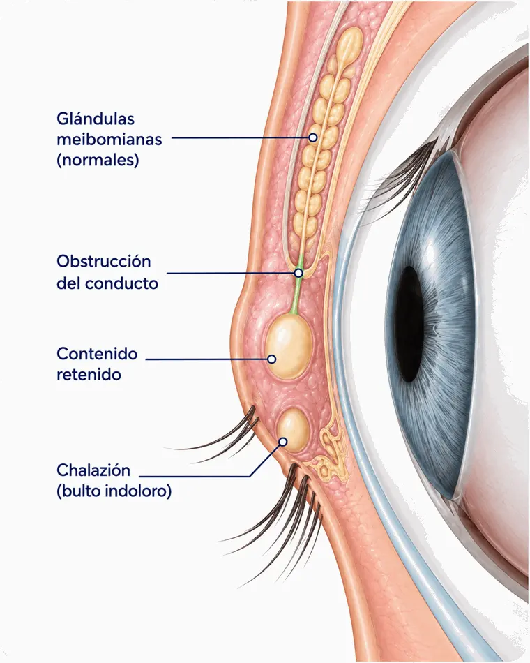 tratamiento_chalazion_glandulas_meibomio_ocumed_queretaro_760x 950 Ilustración anatómica del párpado que muestra las glándulas de Meibomio, la obstrucción del conducto y la formación de un chalazión.