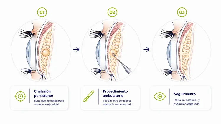 tratamiento_chalazion_procedimiento_ambulatorio_ocumed_750x422 Ilustración de tres etapas del tratamiento de un chalazión persistente: identificación del bulto, procedimiento ambulatorio y seguimiento posterior.