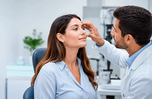 tratamiento_chalazion_revision_parpado_ocumed_queretaro_500x327 Oftalmólogo revisa el párpado de una paciente durante una consulta relacionada con la valoración y tratamiento de chalazión en Ocumed Querétaro.