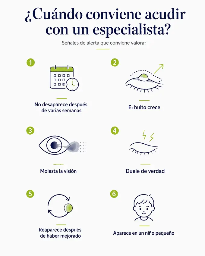 tratamiento_chalazion_senales_alerta_ocumed_queretaro_680x850 Infografía sobre chalazión con seis señales para acudir con un especialista: persistencia, crecimiento del bulto, molestias en la visión, dolor, reaparición y aparición en niños pequeños.