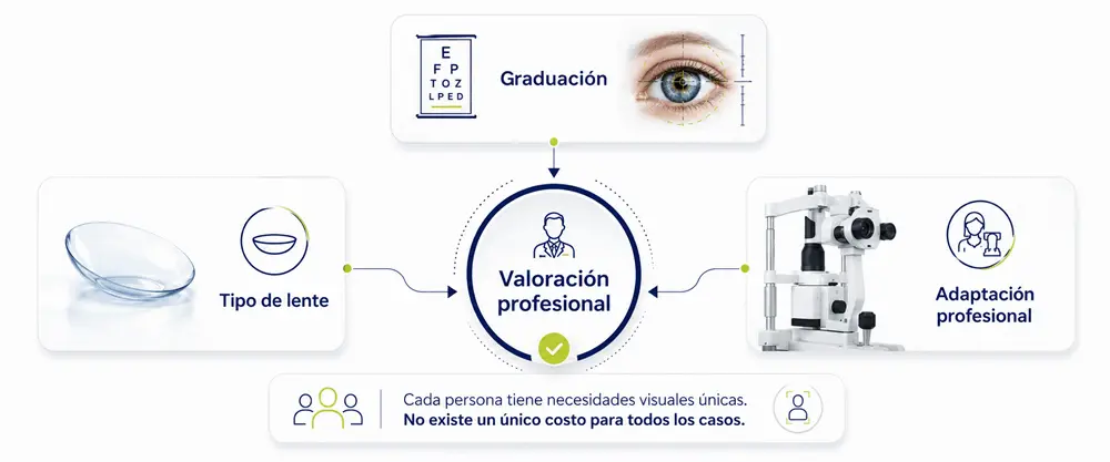 valoracion_lentes_de_contacto_costo_adaptacion_ocumed_queretaro_700x292 Infografía sobre valoración profesional de lentes de contacto según graduación, tipo de lente y adaptación, factores que influyen en cada caso.