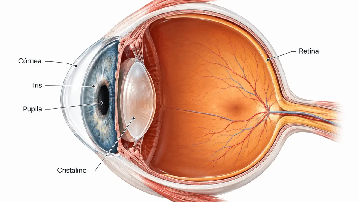 cornea_anatomia_ojo_humano_corte_transversal_ocumed_queretaro_1200x675 Ilustración anatómica del ojo humano en corte transversal que señala la córnea, iris, pupila, cristalino y retina.