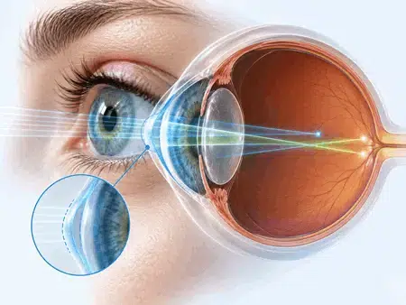 Ilustración de la córnea y la refracción de la luz, con un ojo humano en corte transversal y ampliación de la curvatura corneal.