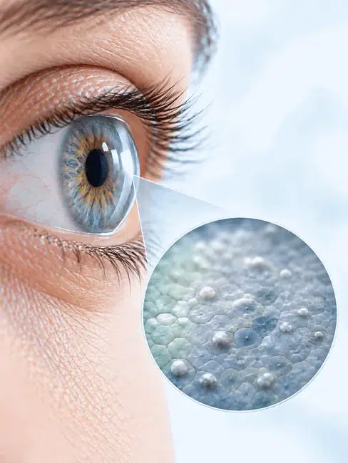cornea_celulas_superficie_ocular_detalle_macro_ocumed_queretaro_488x650 Primer plano de ojo azul grisáceo con ampliación circular ilustrativa de células de la superficie corneal.