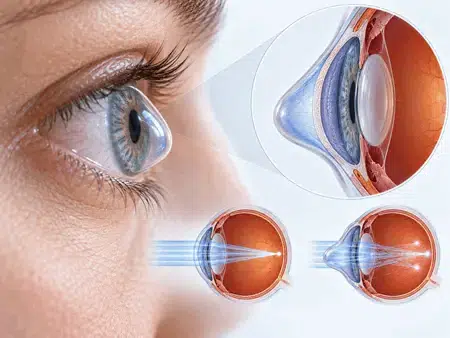 Ilustración del queratocono con una córnea de forma cónica y esquemas comparativos del enfoque de la luz sobre la retina.