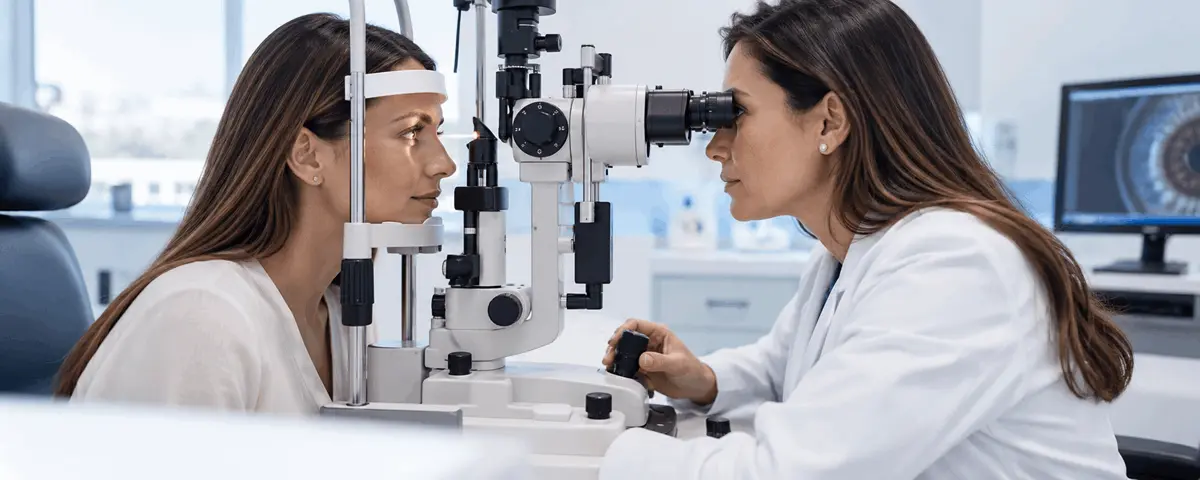 cornea_examen_lampara_hendidura_ocumed_queretaro_650x260 Oftalmóloga examinando la córnea de una paciente mediante una lámpara de hendidura durante una consulta ocular.