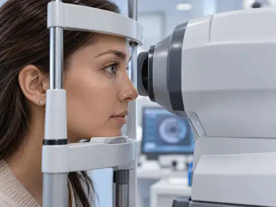 Paciente de perfil durante examen oftalmológico con equipo de diagnóstico ocular y soportes para frente y mentón.