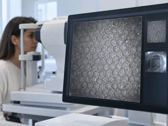 Paciente durante examen ocular con equipo de microscopía corneal y monitor que muestra células poligonales del endotelio.