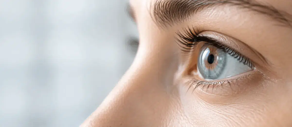 cornea_ojo_azul_verdoso_primer_plano_ocumed_queretaro_1200x525 Primer plano lateral de un ojo azul verdoso con reflejos de luz sobre la córnea y pestañas definidas.