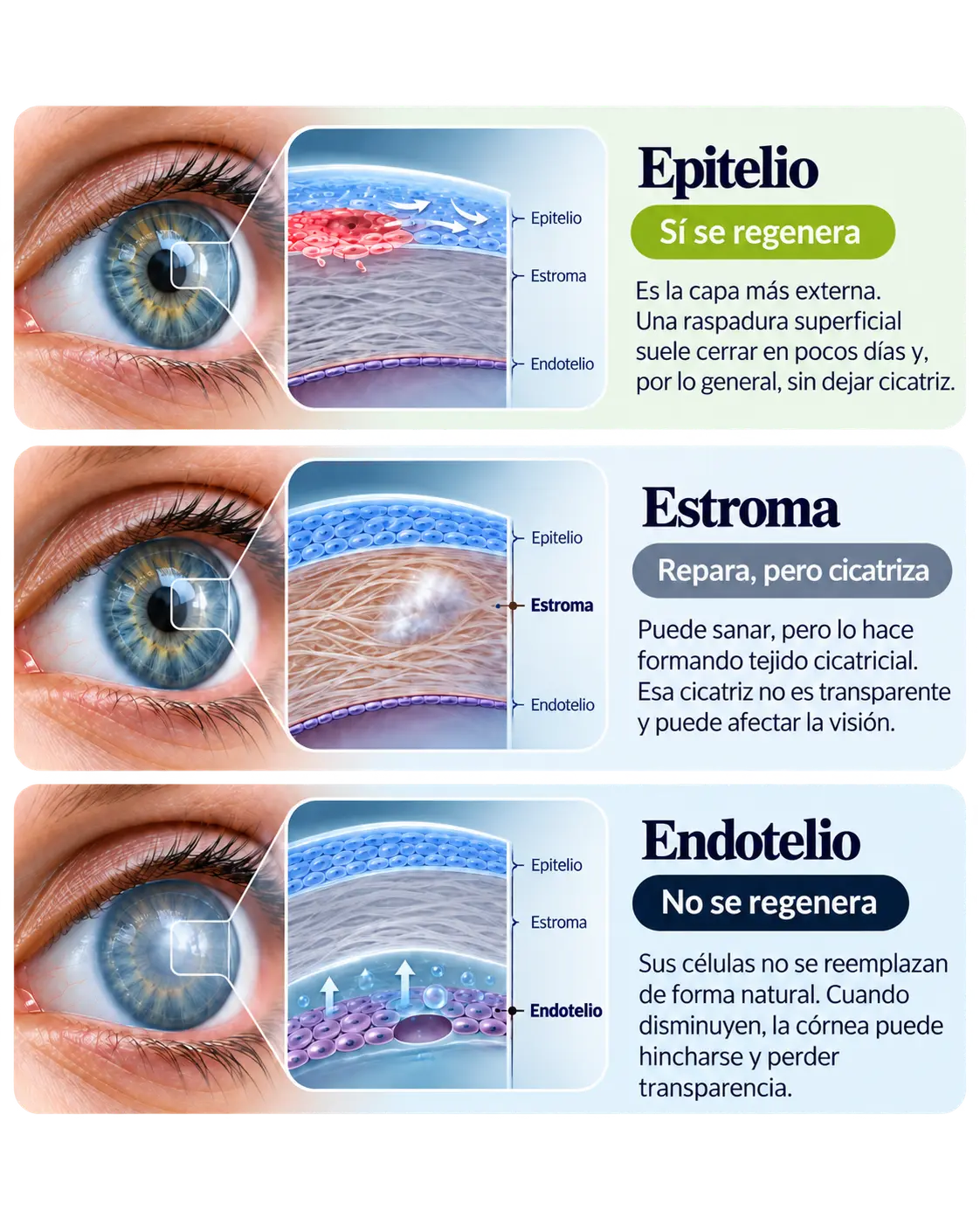 cornea_regeneracion_epitelio_cicatrices_estroma_endotelio_ocumed_queretaro_1122x1402 Infografía sobre la regeneración de la córnea que compara la reparación del epitelio, la cicatrización del estroma y la limitada regeneración del endotelio.