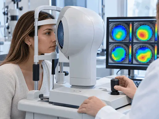 Paciente durante estudio de topografía corneal con equipo oftalmológico y pantalla que muestra cuatro mapas de colores de la córnea.