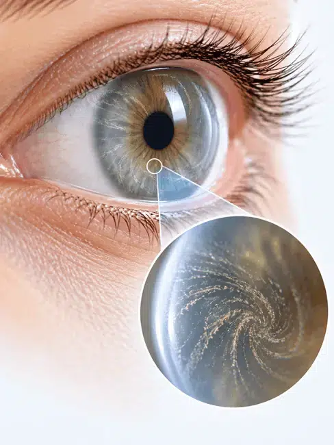 cornea_verticillata_patron_espiral_ojo_ocumed_queretaro_488x650 Primer plano de ojo azul grisáceo con iris dorado y ampliación circular ilustrativa de un patrón corneal en espiral.