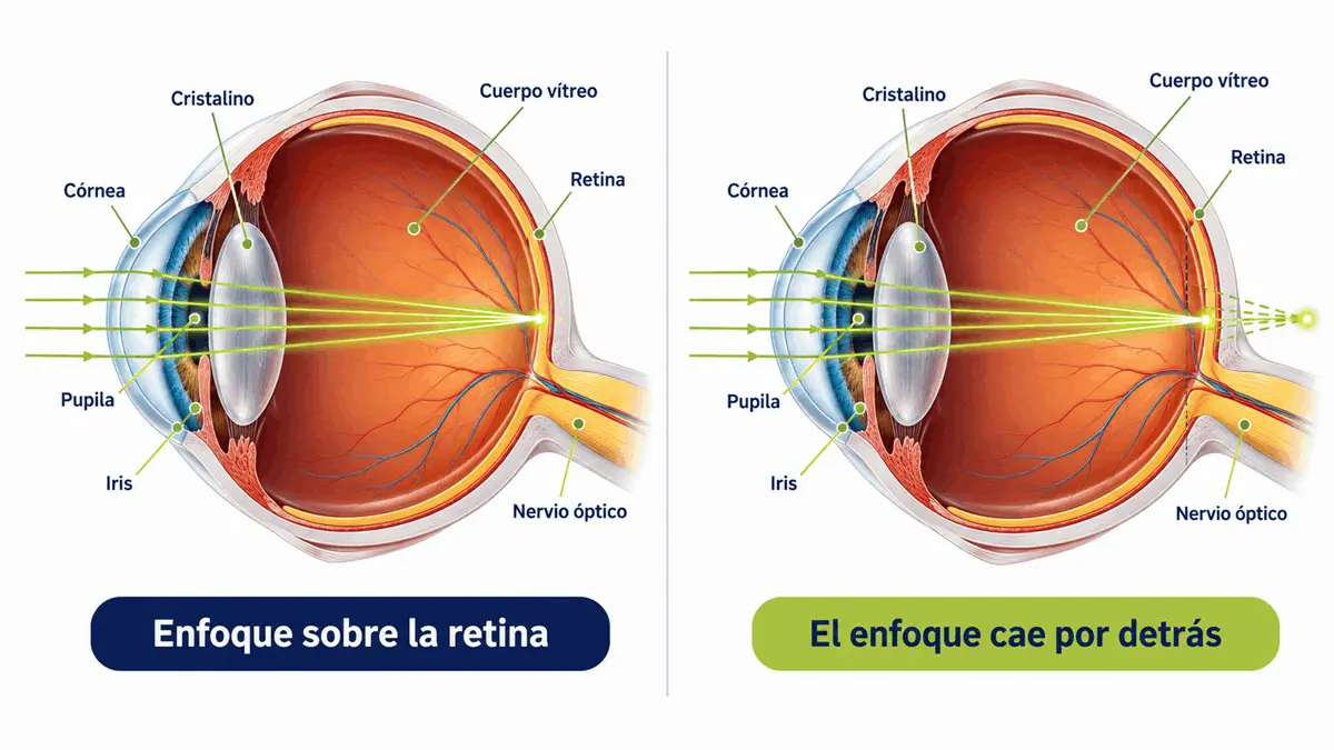 Diagrama que compara el enfoque de un ojo normal y el de un ojo con hipermetropía