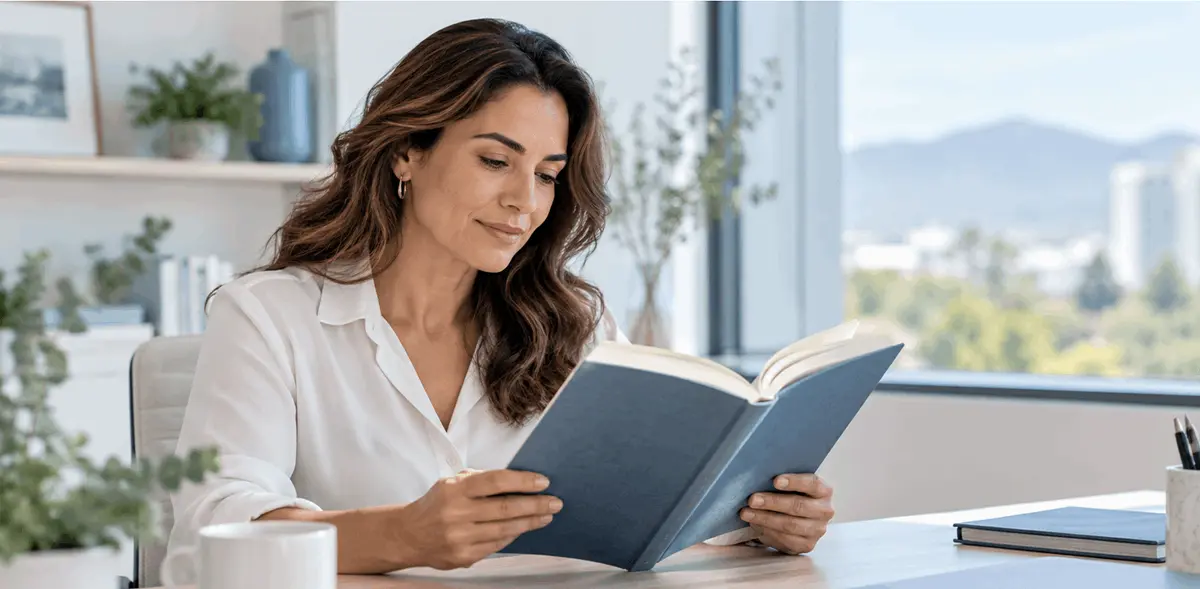 Mujer leyendo atentamente un libro azul en un espacio luminoso, imagen ilustrativa sobre hipermetropía y visión cercana.