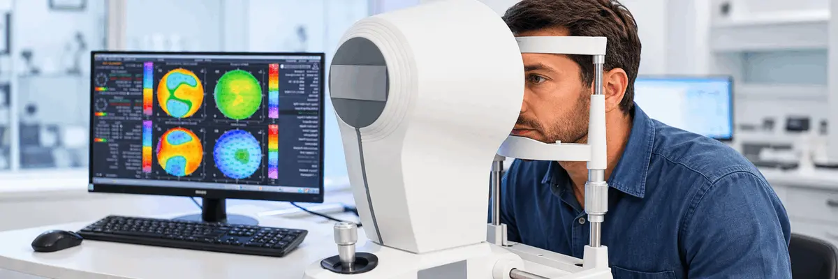 Paciente adulto durante una exploración ocular con topógrafo corneal y pantalla de mapas de colores en un consultorio oftalmológico.